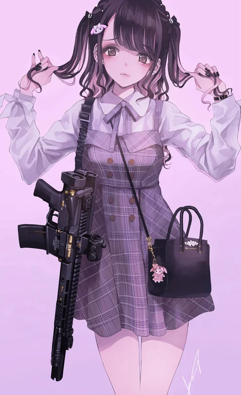 背着斜挎包和步枪的可爱动漫女战士 – 高清 桌面壁纸 开放版权素材 免费下载 手机电脑通用背景图