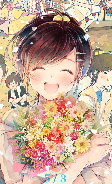 5/3生日快乐，抱着花开心过生日的动漫少女 – 高清 桌面壁纸 开放版权素材 免费下载 手机电脑通用背景图-iPhone17-1