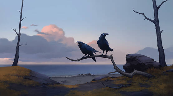 动漫手绘栖息在荒野枯树上的两只乌鸦