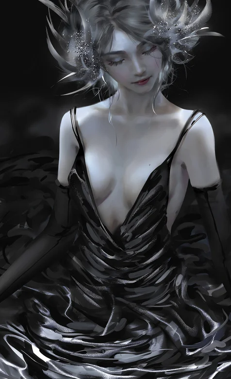 黑色吊带裙的性感动漫女生手绘手机壁纸 – 高清 桌面壁纸 开放版权素材 免费下载 手机电脑通用背景图