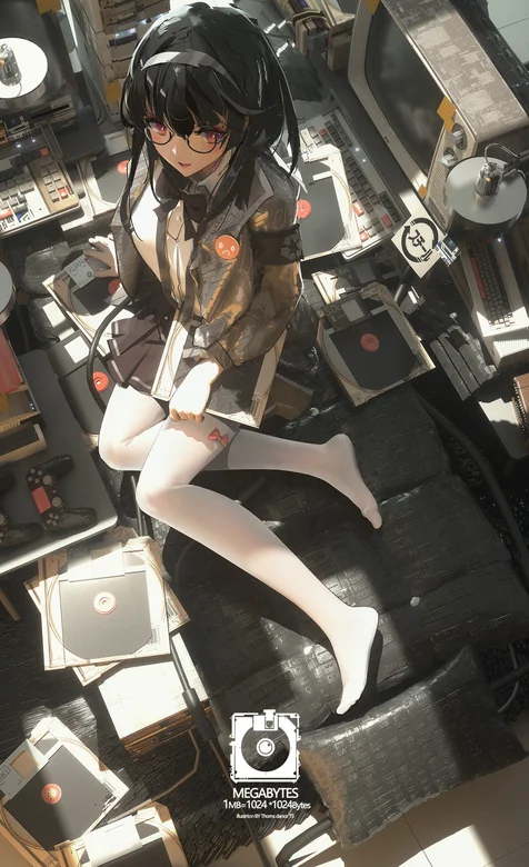 坐在满地磁碟地上的戴眼镜动漫少女 – 高清 桌面壁纸 开放版权素材 免费下载 手机电脑通用背景图-iPhone17-1