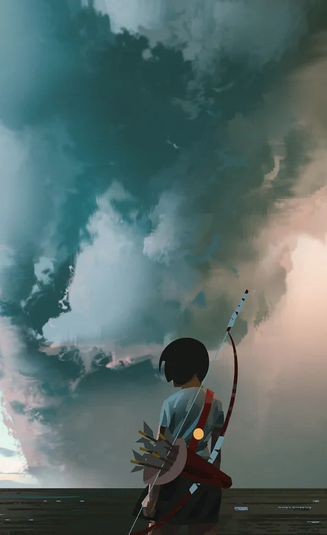 站在海边背着弓箭的短发动漫少女背影高清手机壁纸 – 高清 桌面壁纸 开放版权素材 免费下载 手机电脑通用背景图-iPhone17-1