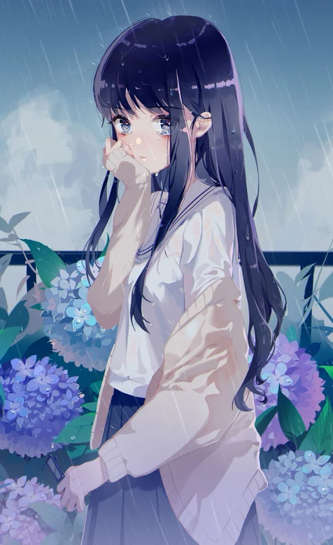 雨中紫色花丛前站着的长发二次元少女 – 高清 桌面壁纸 开放版权素材 免费下载 手机电脑通用背景图