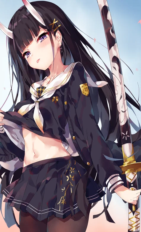 手拿武士刀撩衣露腹肌的动漫少女 – 高清 桌面壁纸 开放版权素材 免费下载 手机电脑通用背景图