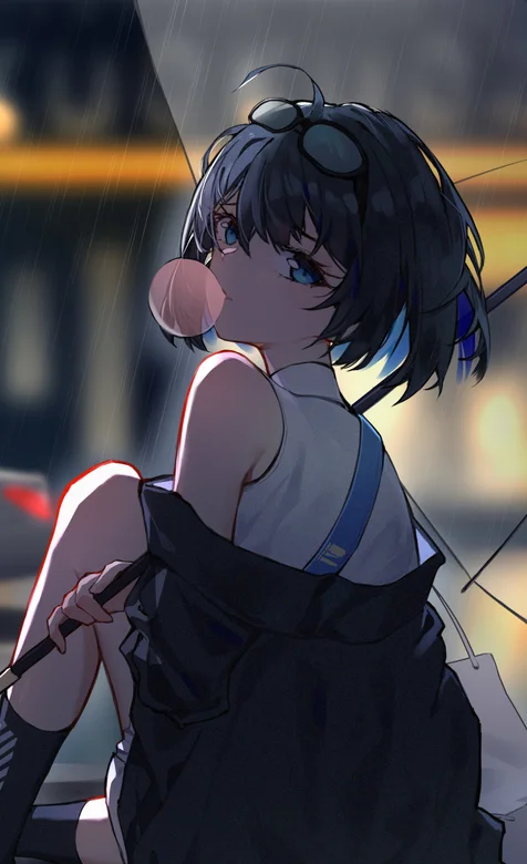 打着雨伞口嚼泡泡糖的动漫少女 – 高清 桌面壁纸 开放版权素材 免费下载 手机电脑通用背景图