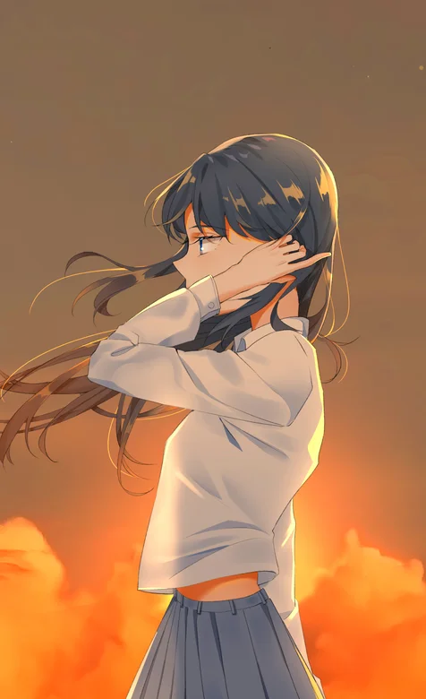 海风吹拂着秀发站在海边穿百褶裙的动漫美女 – 高清 桌面壁纸 开放版权素材 免费下载 手机电脑通用背景图-iPhone17-1