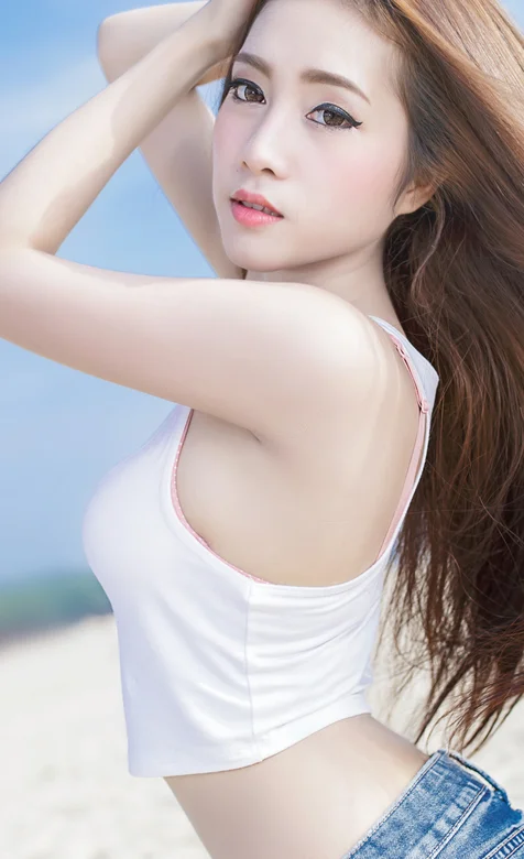 沙滩摄影穿牛仔裤的长发美女 – 高清 桌面壁纸 开放版权素材 免费下载 手机电脑通用背景图