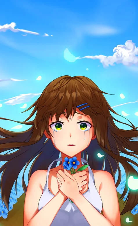 蓝蓝的天空下双手捧花的动漫少女 – 高清 桌面壁纸 开放版权素材 免费下载 手机电脑通用背景图-iPhone17-1