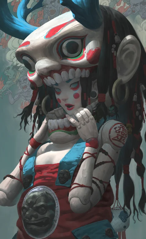 传统日系小鬼面具惊悚个性人物插画手机壁纸 – 高清 桌面壁纸 开放版权素材 免费下载 手机电脑通用背景图