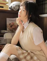 安静的女孩，短发，文静，格子短裙少女居家写真图片