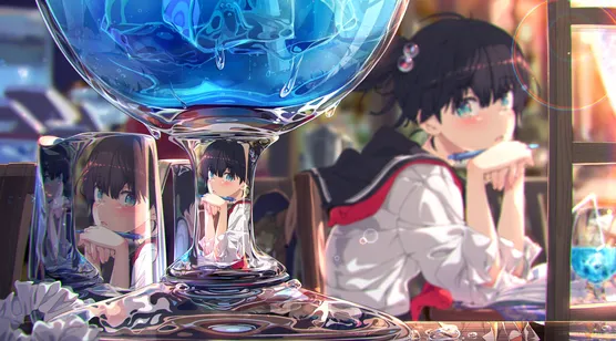 正在写作业的学生装动漫少女和高脚杯唯美创意壁纸美图 – 高清 桌面壁纸 开放版权素材 免费下载 手机电脑通用背景图