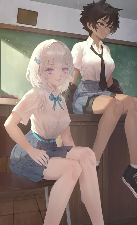 学校黑板前的2个动漫早熟少女手绘手机壁纸 – 高清 桌面壁纸 开放版权素材 免费下载 手机电脑通用背景图-iPhone17-1