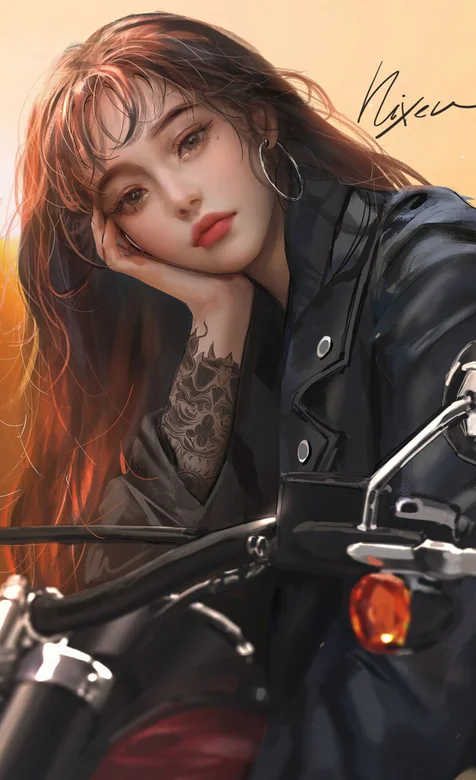 机车少女，单手托腮坐在摩托车上的时尚女孩高清插画手机壁纸图片 – 高清 桌面壁纸 开放版权素材 免费下载 手机电脑通