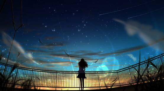 仰望星空的少女,手扶栏杆的动漫夜景,场景,星空美图