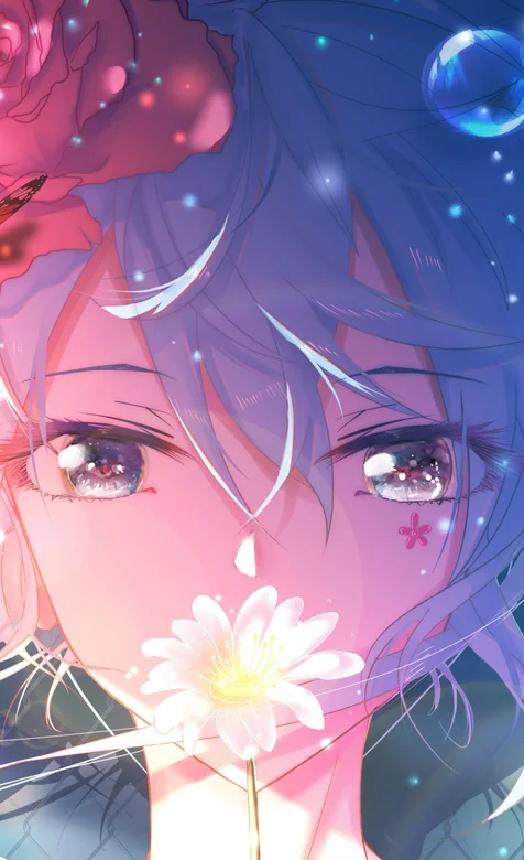 花与少女，手拿着小花的动漫少女高清手机壁纸 – 高清 桌面壁纸 开放版权素材 免费下载 手机电脑通用背景图