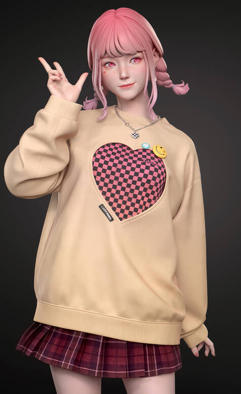 3D人物爱心秋衣的粉色头发动漫人物