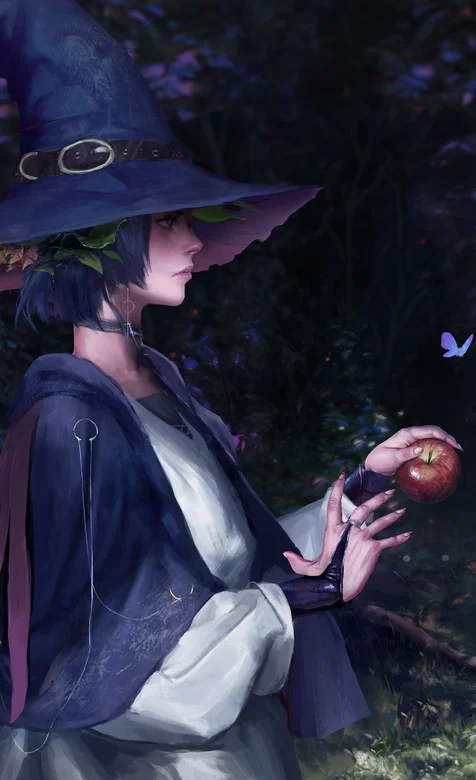 蝴蝶围绕、头发魔法帽、手拿苹果的少女魔法师 – 高清 桌面壁纸 开放版权素材 免费下载 手机电脑通用背景图-iPhone17-1