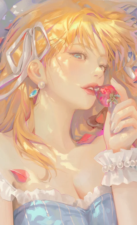 草莓花瓣素描风格的动漫少女手机壁纸 – 高清 桌面壁纸 开放版权素材 免费下载 手机电脑通用背景图