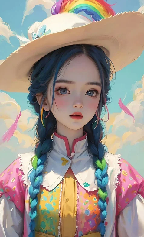 戴着夏日草帽，身穿七彩服饰的双辫子动漫亚洲少女高清手机壁纸 – 高清 桌面壁纸 开放版权素材 免费下载 手机电脑通用
