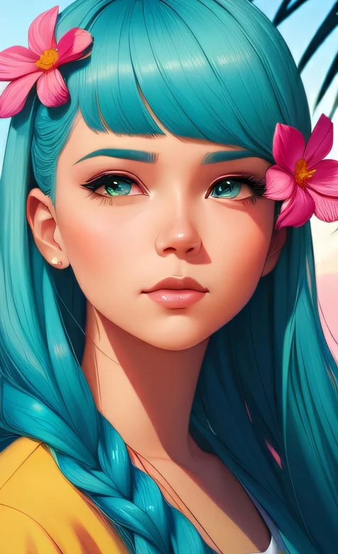 青色的头发、头待花朵的大辫子动漫少女近照头像手机壁纸 – 高清 桌面壁纸 开放版权素材 免费下载 手机电脑通用背景图