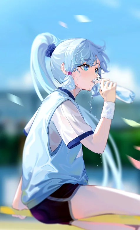 运动场上双马尾、穿着运动装喝矿泉水的动漫美女插画夏日手机壁纸 – 高清 桌面壁纸 开放版权素材 免费下载 手机电脑通