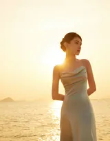 黎明还是黄昏，超美梁洁性感露背裙海边唯美高清图片