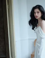 张婧仪性感大长卷发搭配珍珠项链，抹胸白裙仙气飘飘气质写真图片