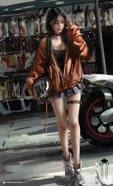 单手抱着头盔的JK短裙大长腿机车美少女写实插画手机壁纸 – 高清 桌面壁纸 开放版权素材 免费下载 手机电脑通用背景
