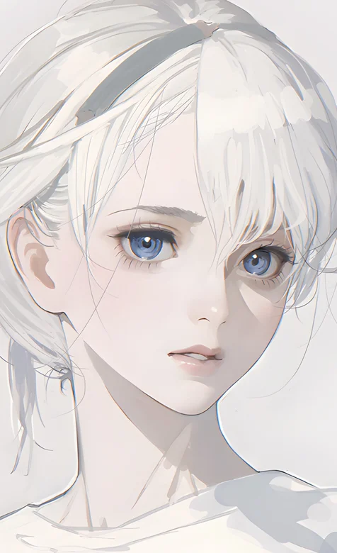 纯白色背景，五官精致的短发蓝眼睛少女好看手绘手机壁纸 – 高清 桌面壁纸 开放版权素材 免费下载 手机电脑通用背景图