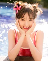 笑容迷人毛晓彤红色格纹连体比基尼泳池写真美照