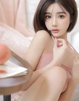 高颜值短发白嫩美女性感粉色吊带背心短裤私房温馨写真图片