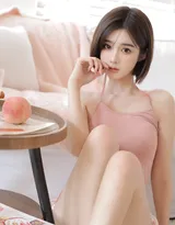 高颜值短发白嫩美女性感粉色吊带背心短裤私房温馨写真图片