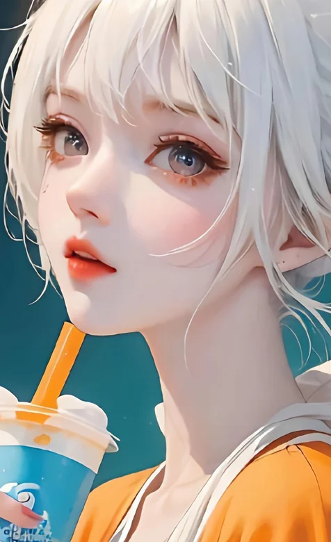 喝饮料的大眼睛aI美少女，白色发型，黄色小外套，唇红齿白超美小姐姐手机壁纸图片 – 高清 桌面壁纸 开放版权素材 免