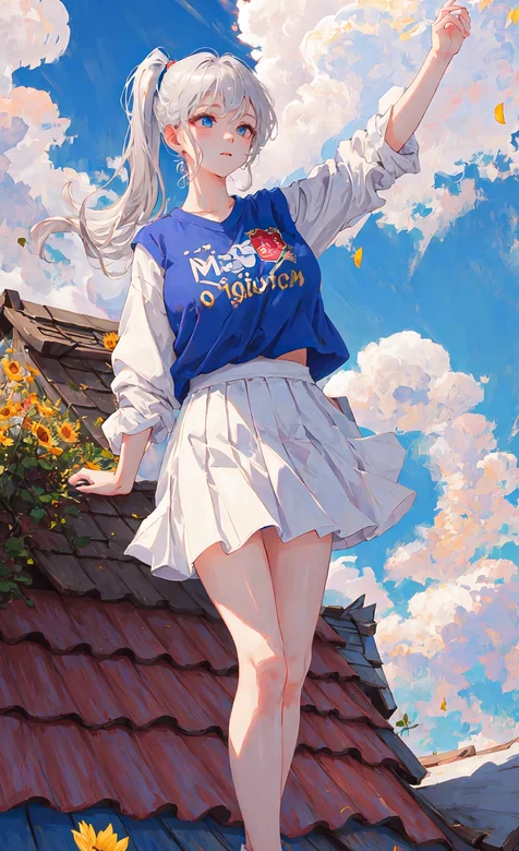 站着屋瓦房顶的白色马尾辫发型白裙青春少女和蓝色天空白云唯美手机壁纸 – 高清 桌面壁纸 开放版权素材 免费下载 手机