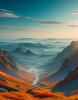 山脉，山川，雪山，蓝天，白云，唯美AI风景绘画插画图片