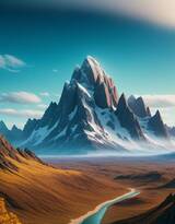 山脉，山川，雪山，蓝天，白云，唯美AI风景绘画插画图片