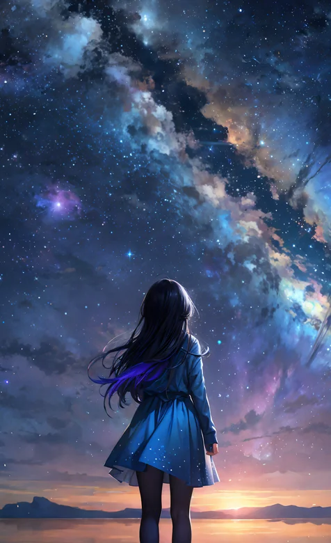 夕阳，星空，银河，穿着蓝色裙子的动漫女生背影和唯美星空手机壁纸图片 – 高清 桌面壁纸 开放版权素材 免费下载 手机