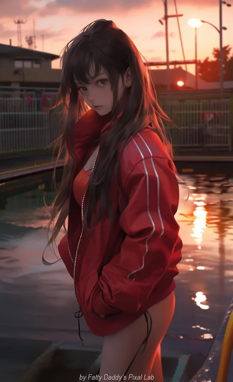 夕阳下，池塘边，穿着红色外套的丰满性感美腿美女好看手机壁纸图片 – 高清 桌面壁纸 开放版权素材 免费下载 手机电脑