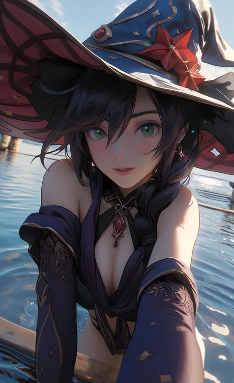 站在池塘水里，戴着魔法帽的性感低胸装AI动漫美女手机壁纸图片 – 高清 桌面壁纸 开放版权素材 免费下载 手机电脑通