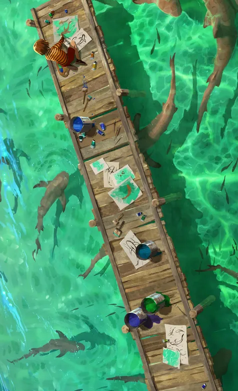 海边，木栈道，画鲨鱼的男孩，一群鲨鱼，清澈的海水，唯美插画美图桌面壁纸 – 高清 桌面壁纸 开放版权素材 免费下载