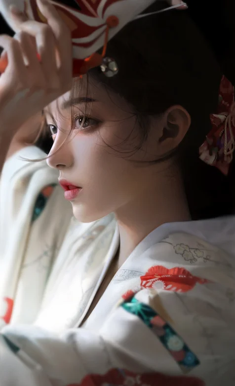 这是竹川萤吗？手拿着狐狸面具举过头顶和服装美女cosplay侧脸手机壁纸 – 高清 桌面壁纸 开放版权素材 免费下载