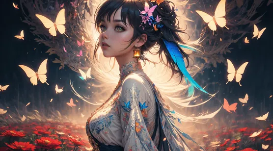 红色的鲜花丛中，被蝴蝶环绕，发光的漂亮大眼睛古装AI动漫美女梦幻图片壁纸 – 高清 桌面壁纸 开放版权素材 免费下载