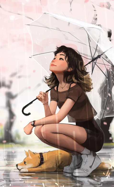下雨天的少女，撑着把雨伞端在雨中的美少女插画和她的狗狗唯美桌面壁纸 – 高清 桌面壁纸 开放版权素材 免费下载 手机-iPhone17-1