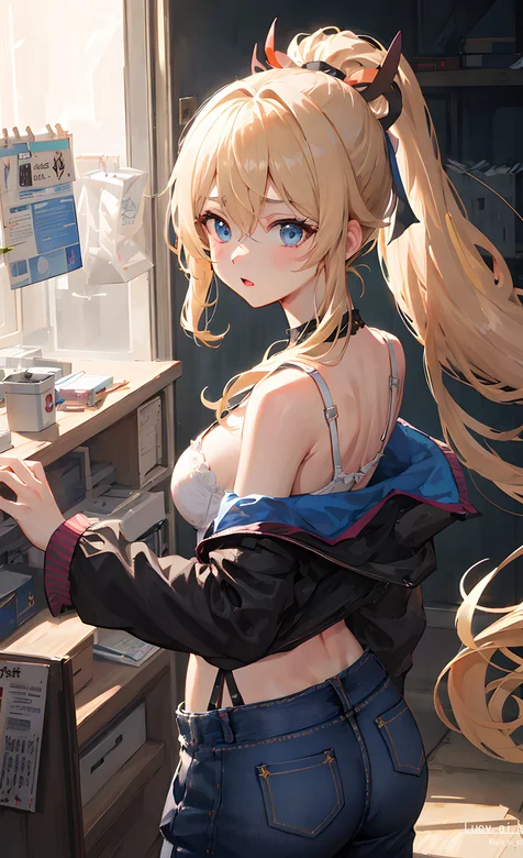 超长马尾辫动漫美少女紧身吊带内衣牛仔裤穿搭书房插画美图壁纸 – 高清 桌面壁纸 开放版权素材 免费下载 手机电脑通用-iPhone17-1