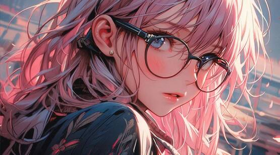 戴着黑框大眼镜的二次元粉红发型美女高清近距离插画壁纸图片