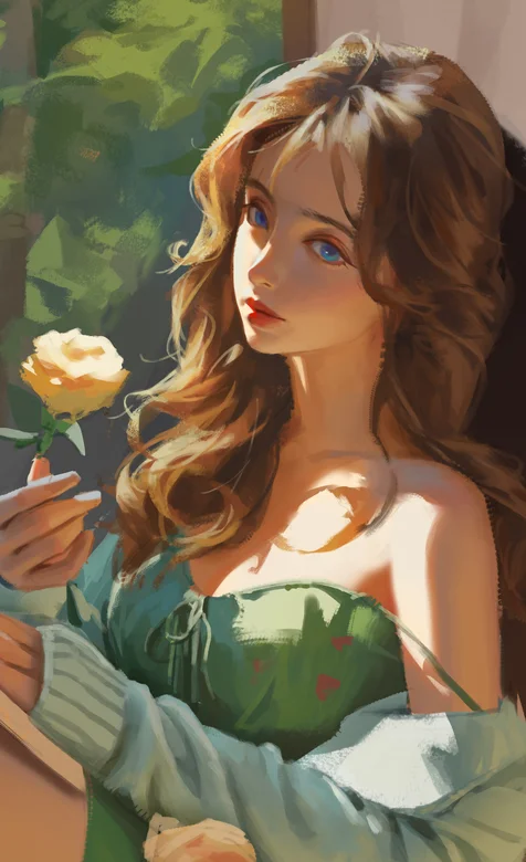 手拿一只黄玫瑰，坐在窗前的性感吊带裙动漫美女插画高清手机壁纸图片 – 高清 桌面壁纸 开放版权素材 免费下载 手机电