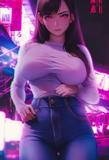 夜晚霓虹灯光下的超级丰满性感紧身衣牛仔裤AI动漫美女插画图片 – 高清 桌面壁纸 开放版权素材 免费下载 手机电脑通
