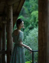 陈都灵清新小绿裙户外踏青摘梨温婉舒心笑容甜美写真美照