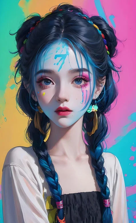 民族少女1，脸上沾满颜料，五官精致的双麻花辫AI美女好看手机壁纸图片 – 高清 桌面壁纸 开放版权素材 免费下载 手