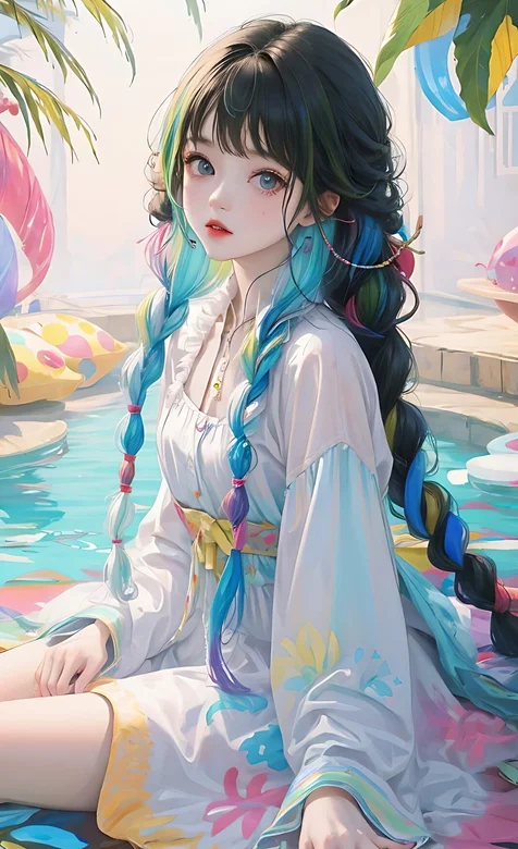 泳池少女，坐在泳池边的大麻花辫白裙清新养眼AI美少女手机壁纸图片 – 高清 桌面壁纸 开放版权素材 免费下载 手机电